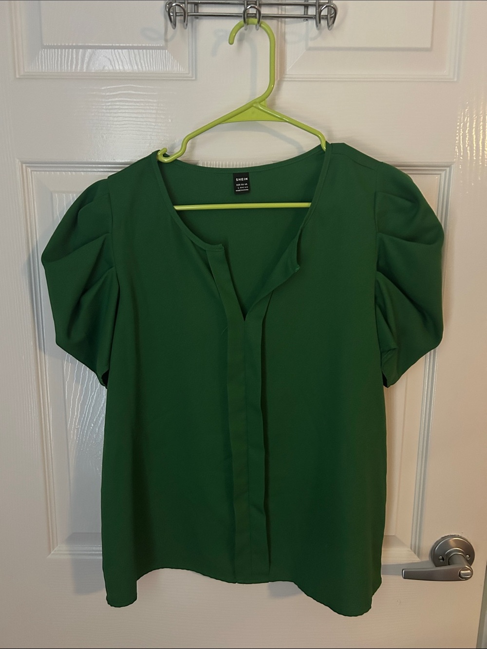 SHEIN Emerald Green Puff Sleeve V-Neck Blouse